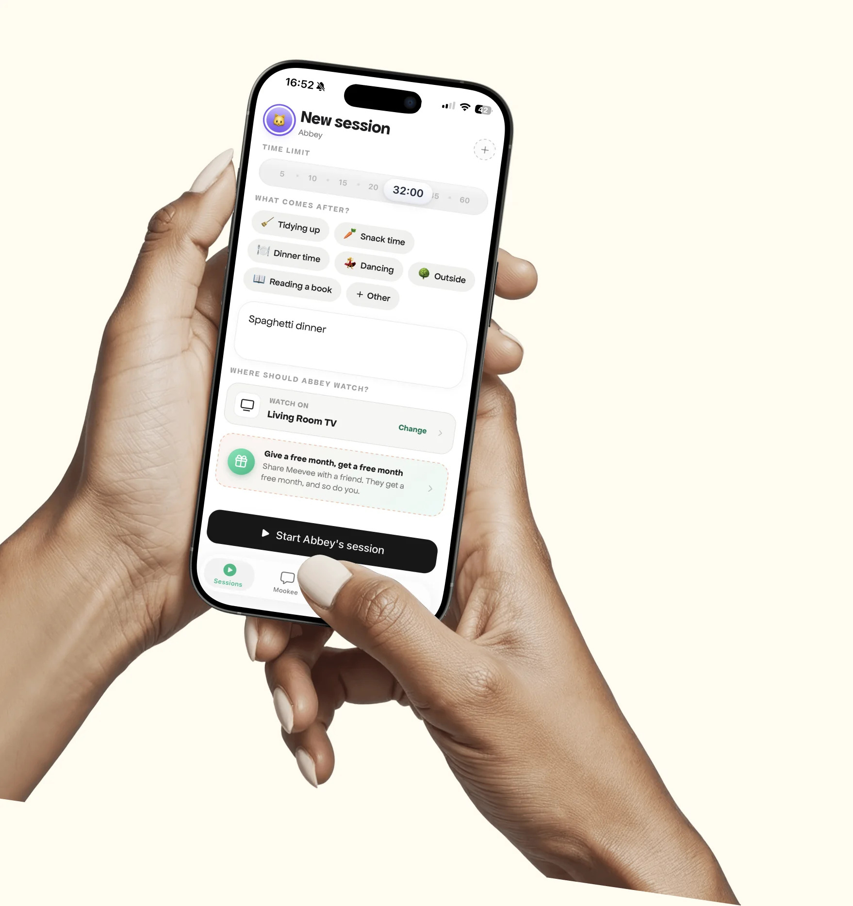 A parent setting up a Meevee session with Mookee on their phone